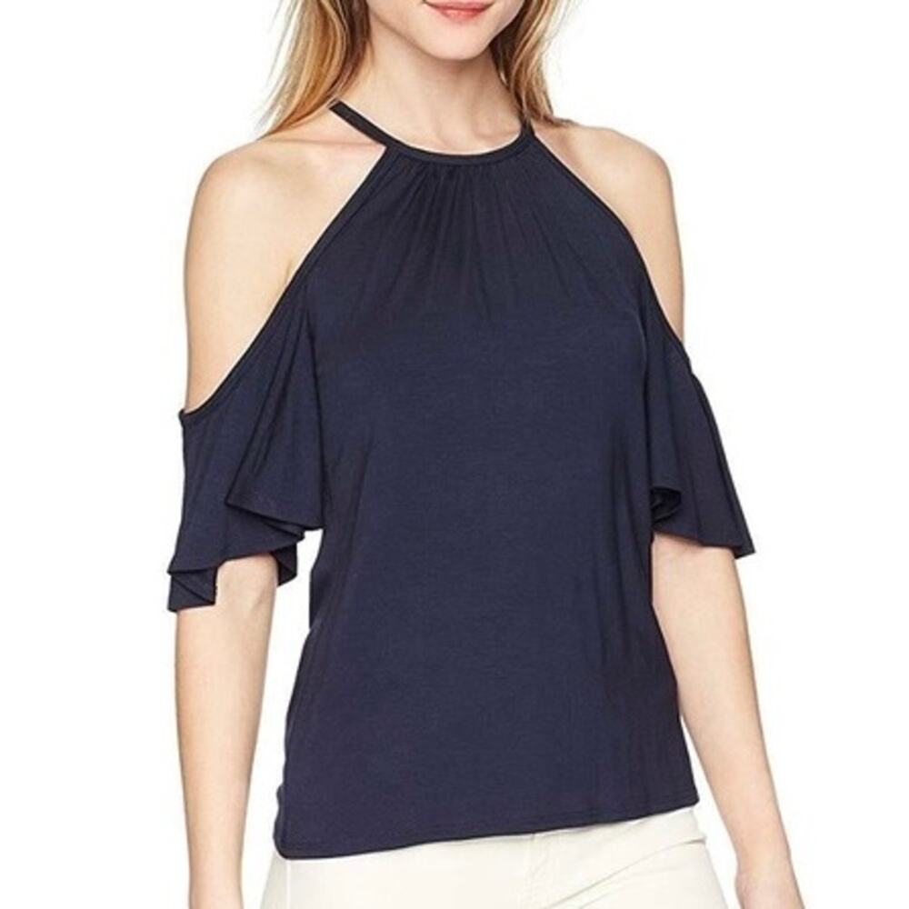Trina Turk Navy Blue Alhambra Cold Shoulder Top Size XS